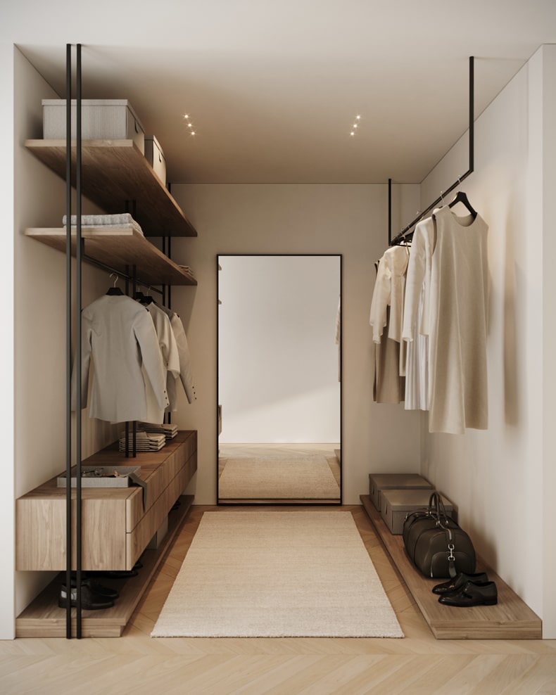 Jorge Juan penthouse with a walk-in closet featuring shelves and a wooden floor, curated by Sofia Oliva.