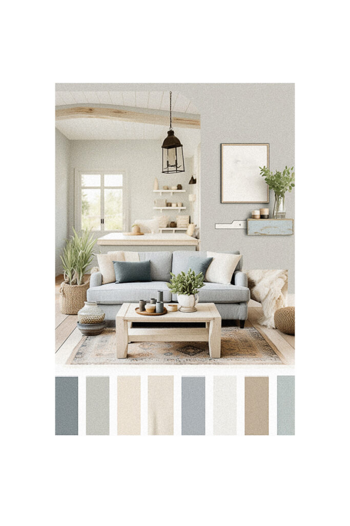 A living room with neutral colors and a coffee table inspired by modern farmhouse style.
