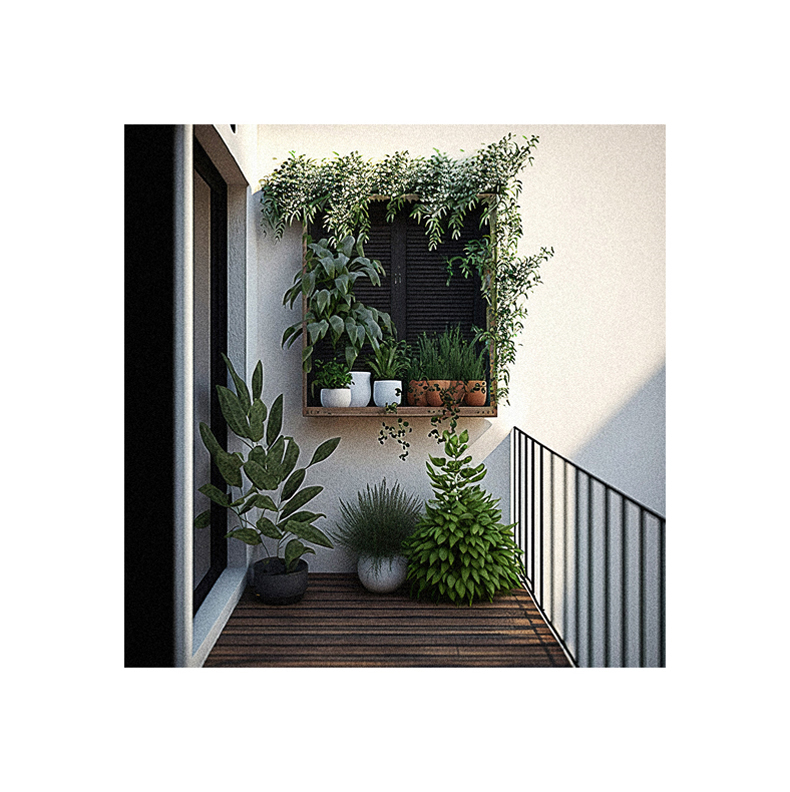 A small balcony filled with potted plants.