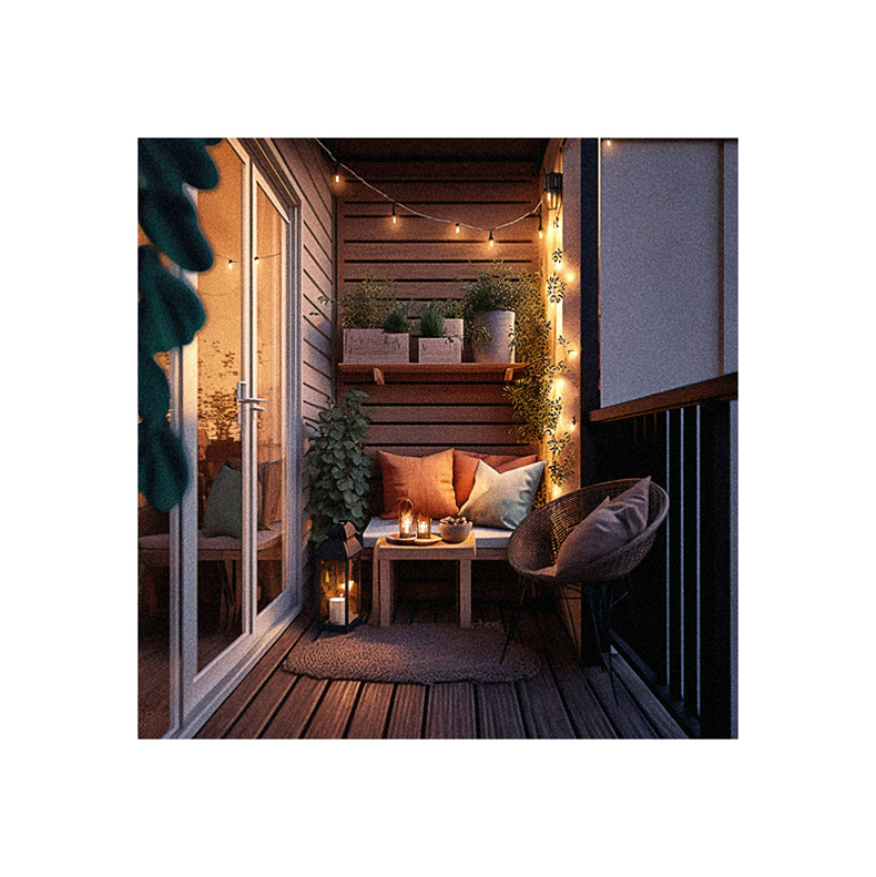 A small balcony with lights and plants.