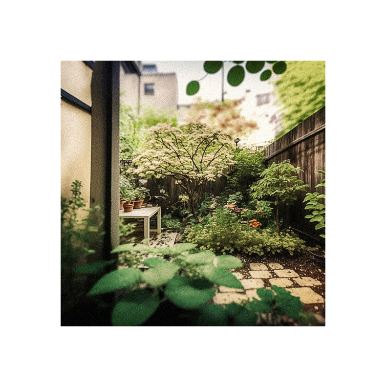 A photo of a small garden with plants and trees.