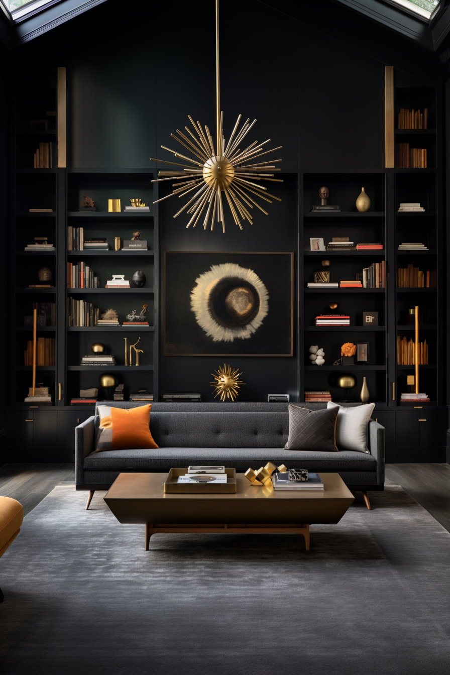 A black and gold living room with a skylight featuring unique furniture arrangement ideas.