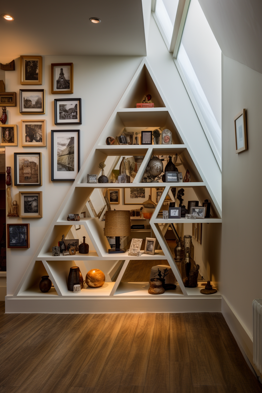 An awkward living room layout with a triangle shaped shelf as a furniture arrangement idea.