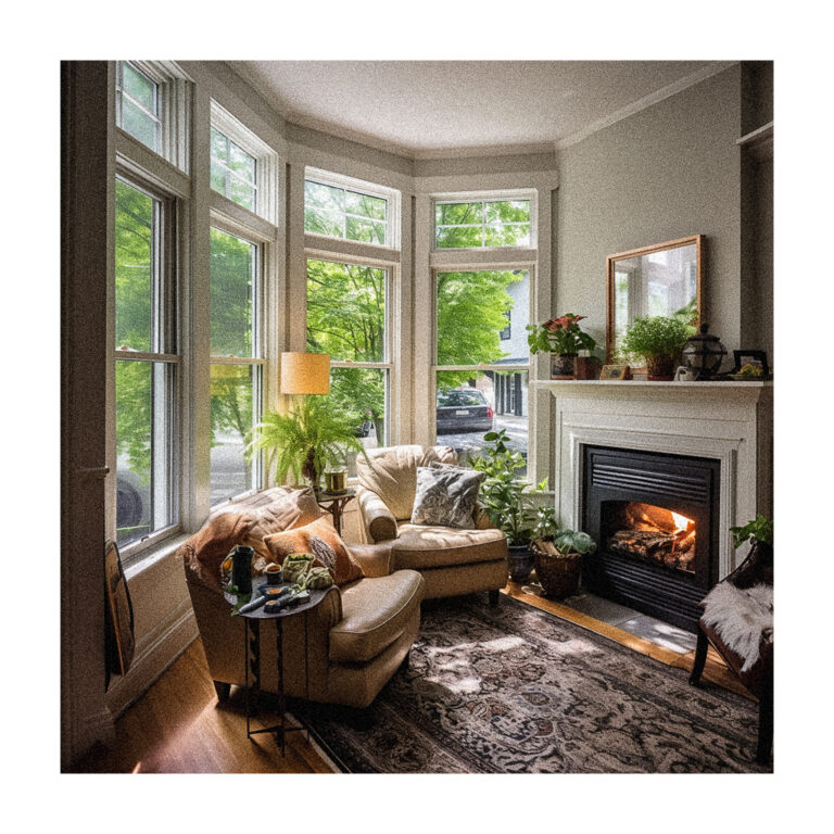 An awkward living room layout with large windows and a fireplace.