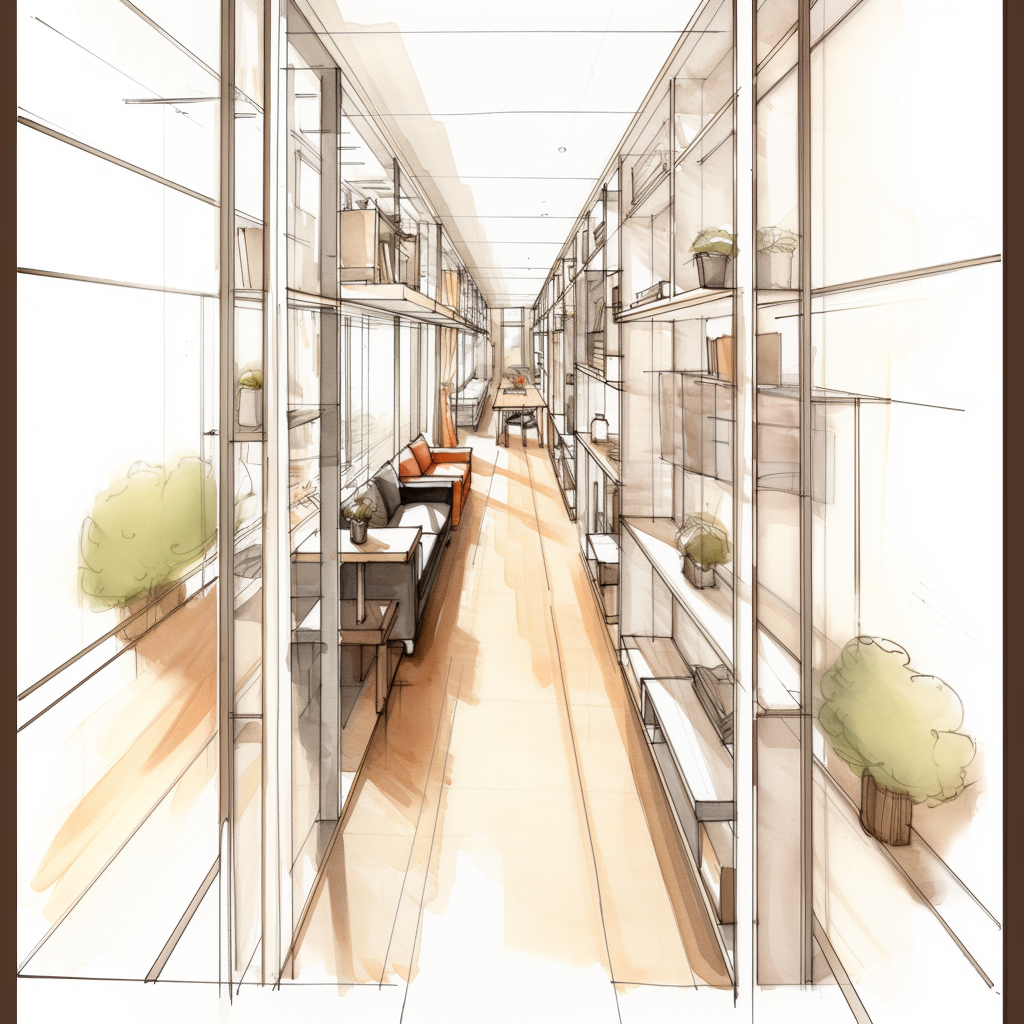 A sketch of a hallway with furtiture arrangement ideas and an awkward living room layout in an office building.