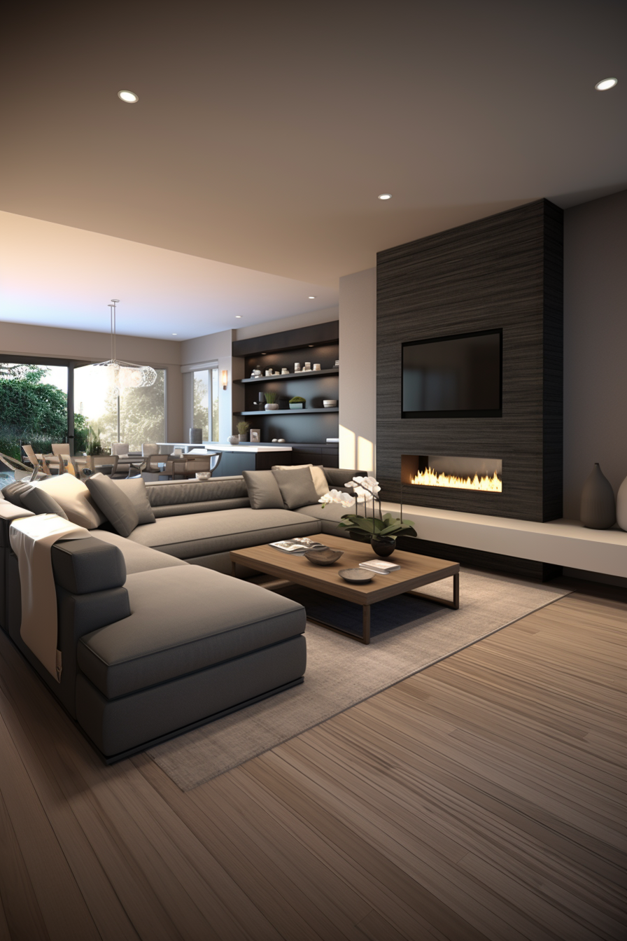 A modern living room with a fireplace and furniture arrangement ideas.