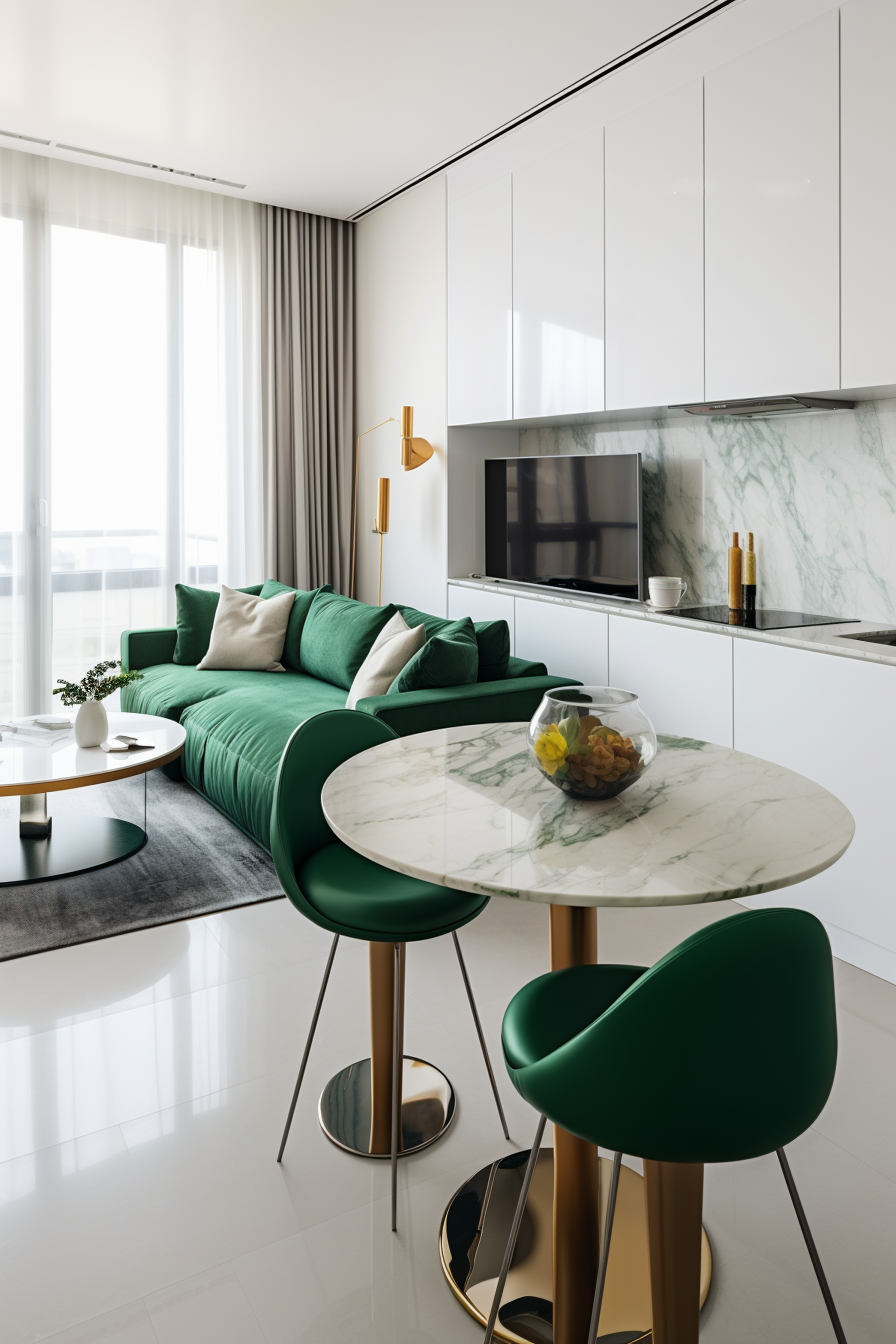 A modern living room with green chairs and a marble table featuring furniture arrangement ideas.