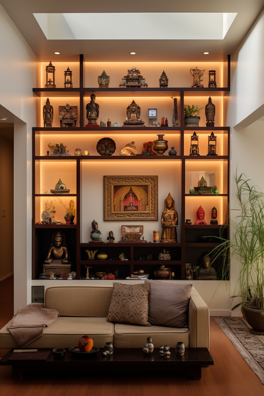 An awkward living room with a rectangular shape, adorned with a lot of Buddhist items on the shelves.