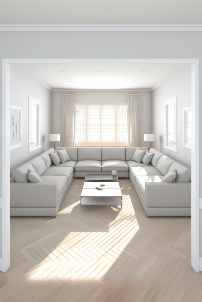 3d rendering of a rectangular living room with a white couch.