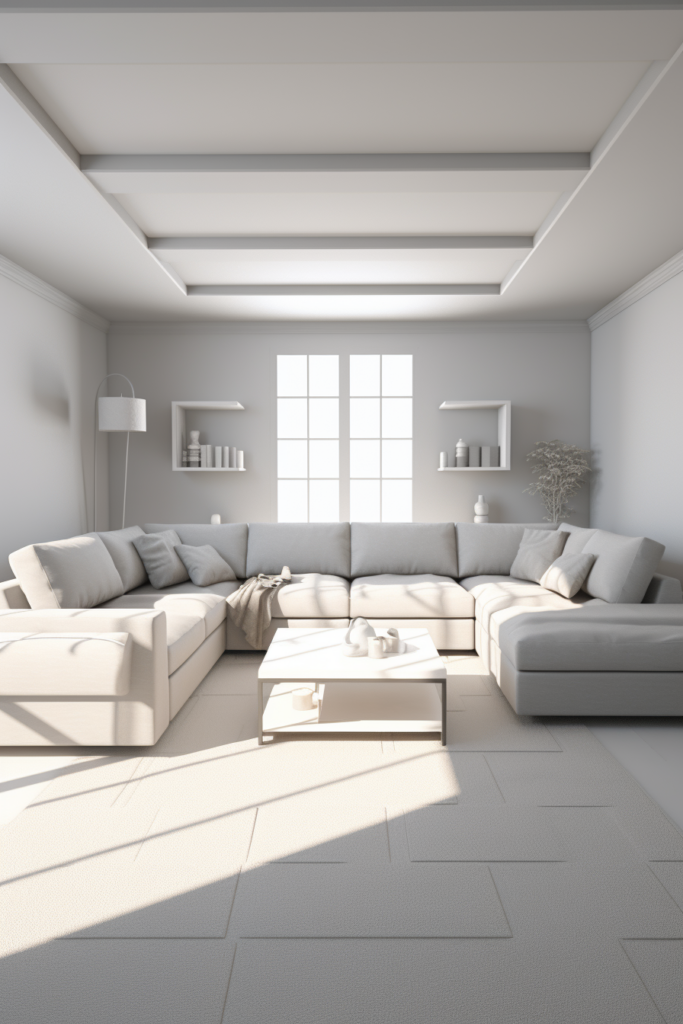 A rectangular living room with a white couch and a coffee table.