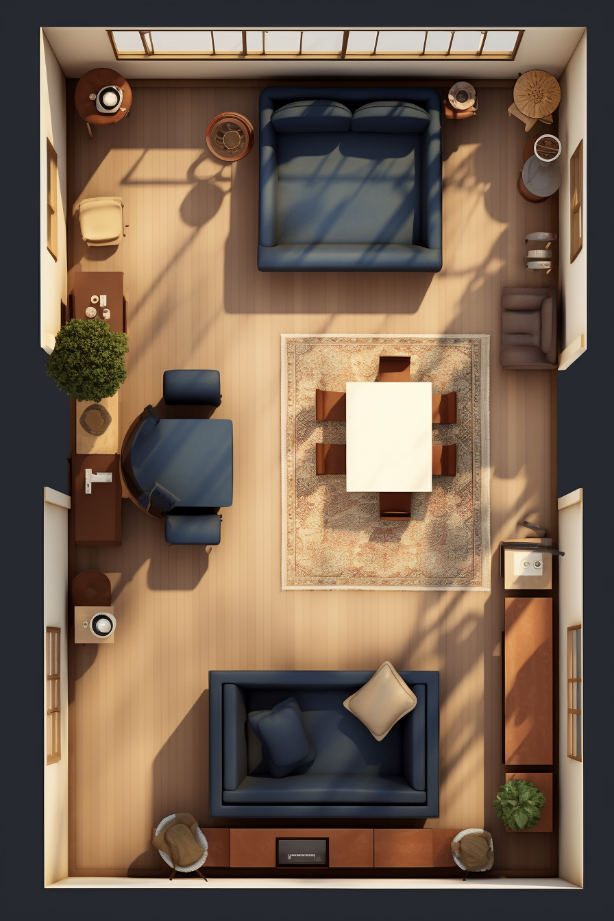 A rectangular living room is captured in an aerial view.