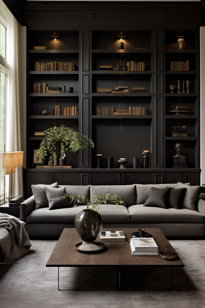 A rectangular living room with black bookshelves and a coffee table.