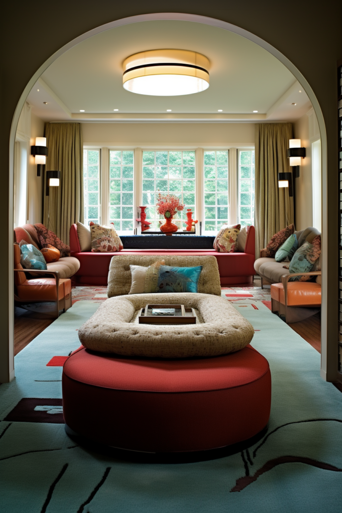 A rectangular living room with couches and a large ottoman.