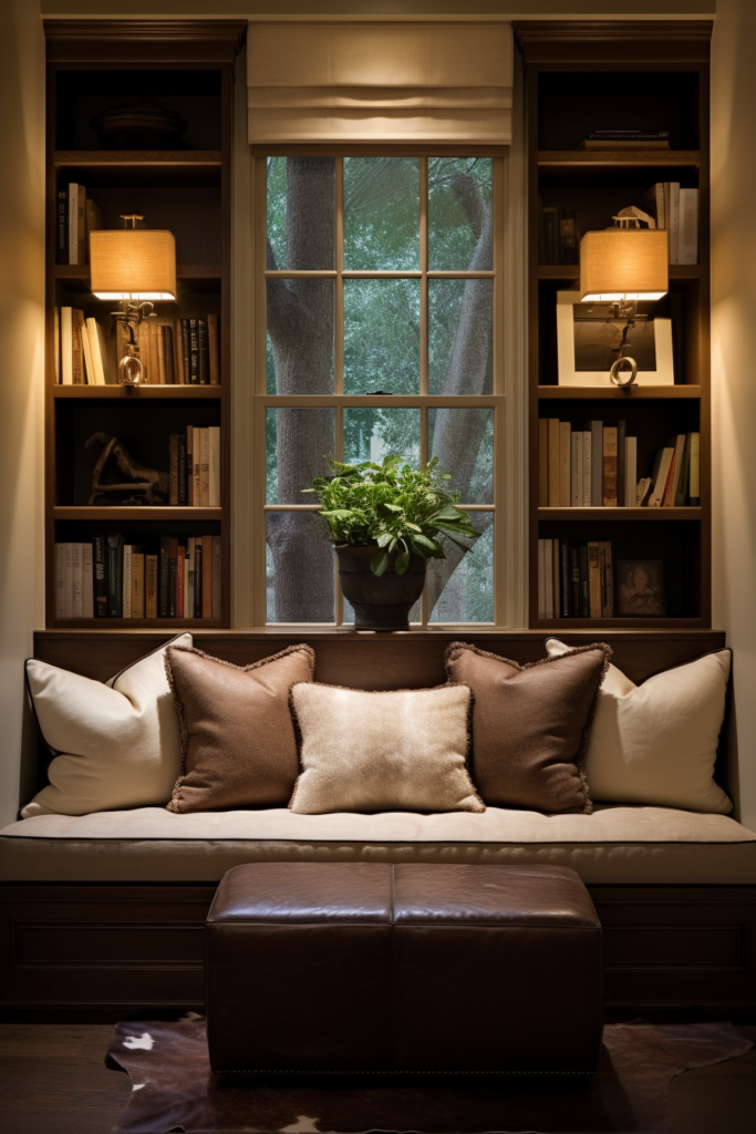 A bench with pillows and a plant in front of a rectangular living room window.