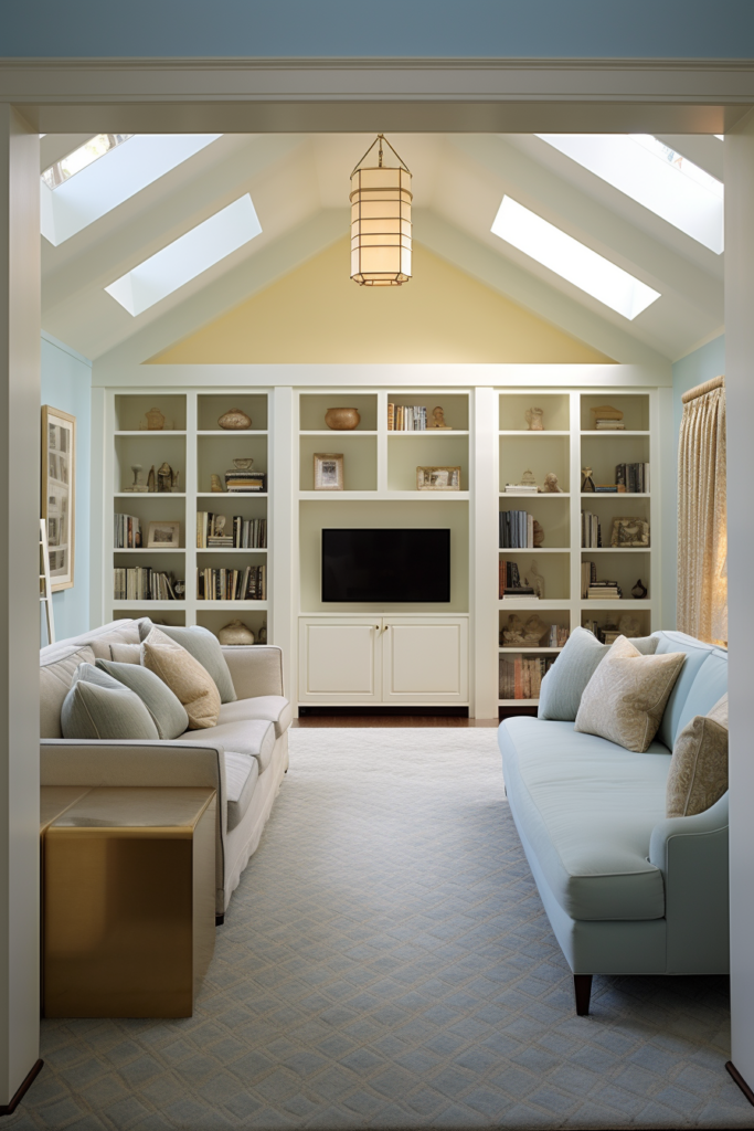 A rectangular living room with a blue couch and bookshelves.