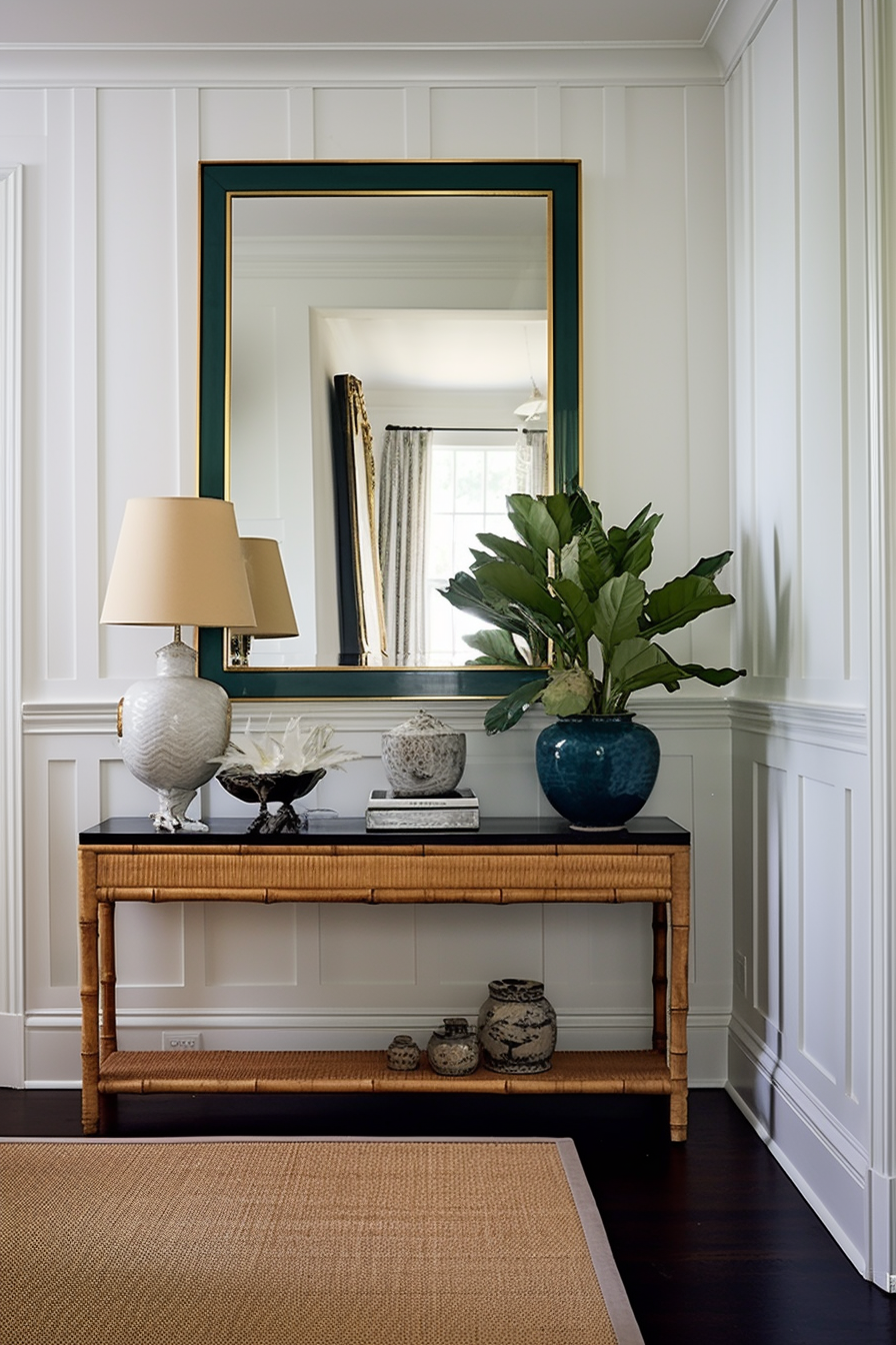 In an awkward living room, a white console table with a plant and a mirror complements the rectangular shape of the space.