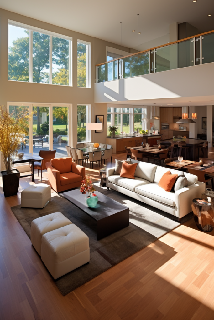 An awkward rectangular living room with a large open floor plan.