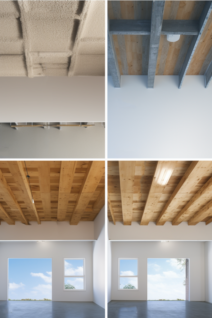 Four pictures showcasing various wood ceiling installations with secure mounting methods using ceiling hooks.