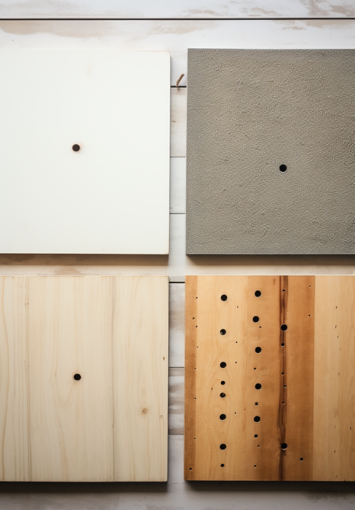 Four pieces of wood with holes in them used for secure plant installation using mounting methods or ceiling hooks.