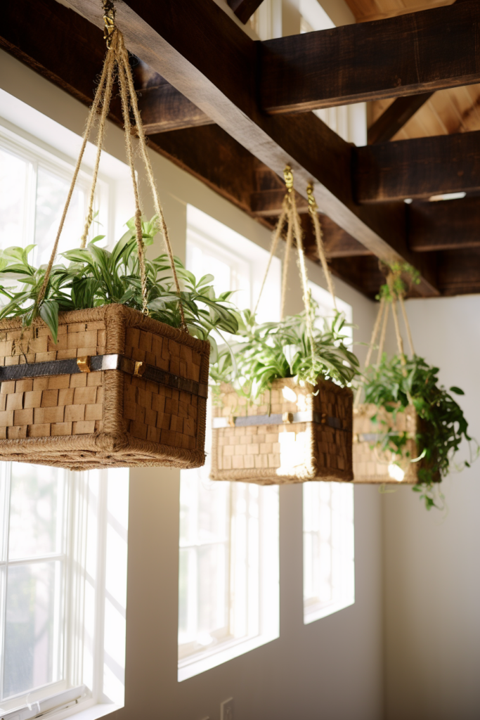 Wicker baskets secured with ceiling hooks, hanging from the ceiling in a room.