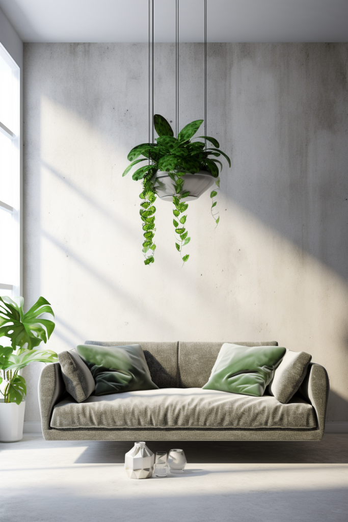 A living room with a couch and a plant suspended from the ceiling using ceiling hooks.
