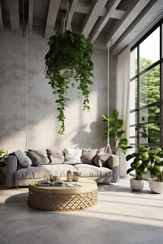 A modern living room with large windows and plants gracefully adorned with plant installation.