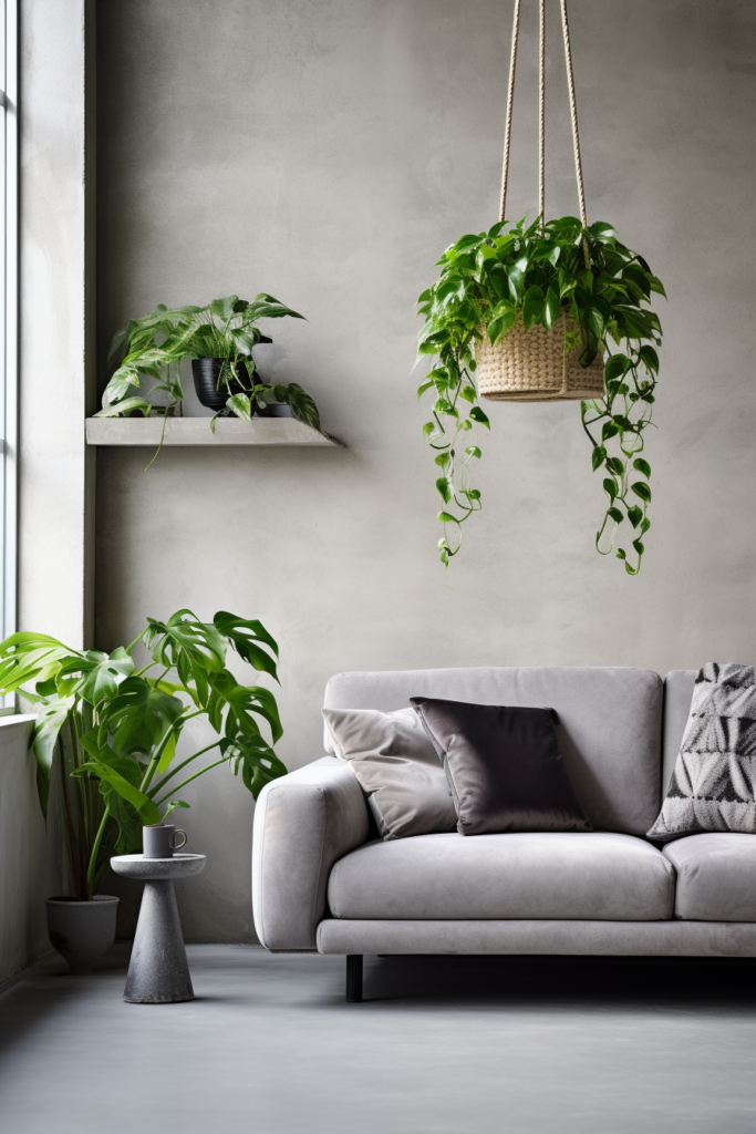 A living room with plants securely installed using ceiling hooks.