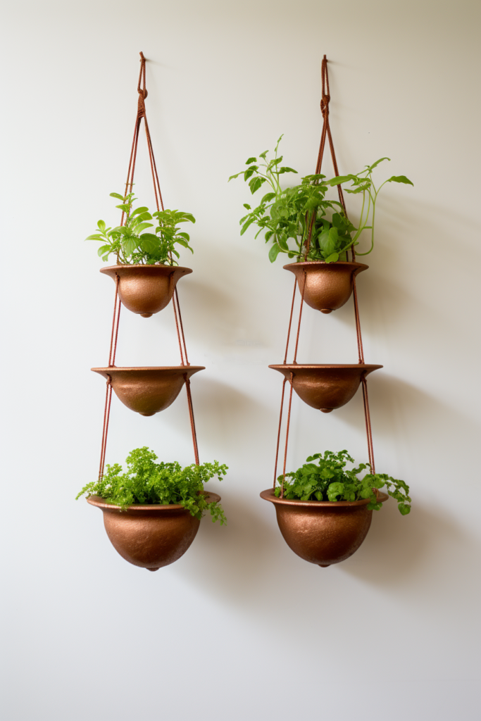 Three copper planters securely mounted on a wall using ceiling hooks.