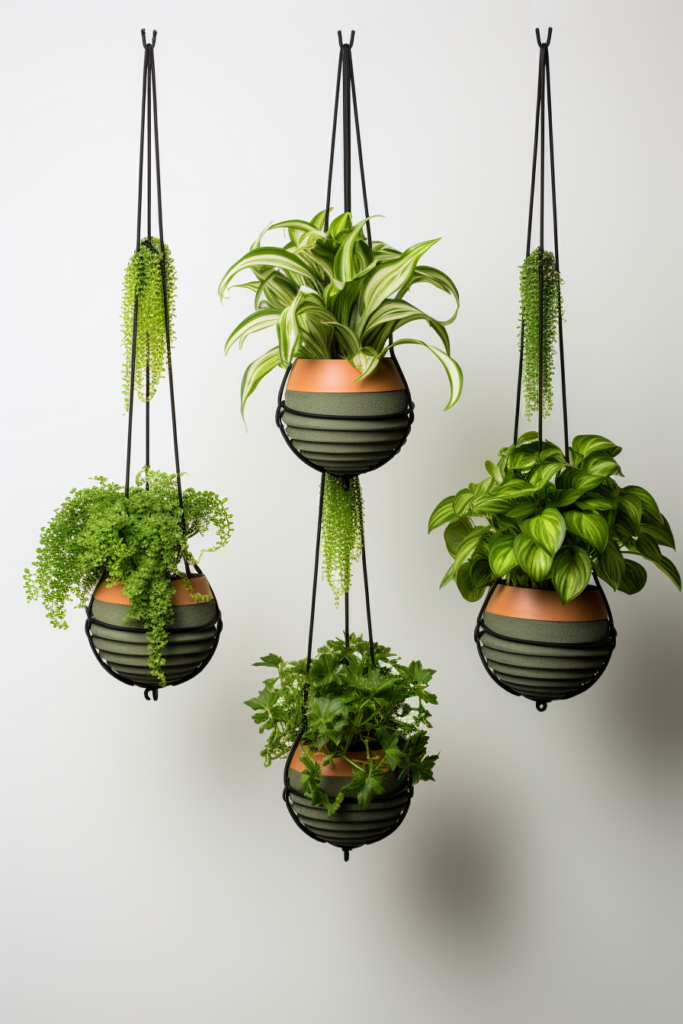 Four hanging planters with plants on them securely installed using ceiling hooks.