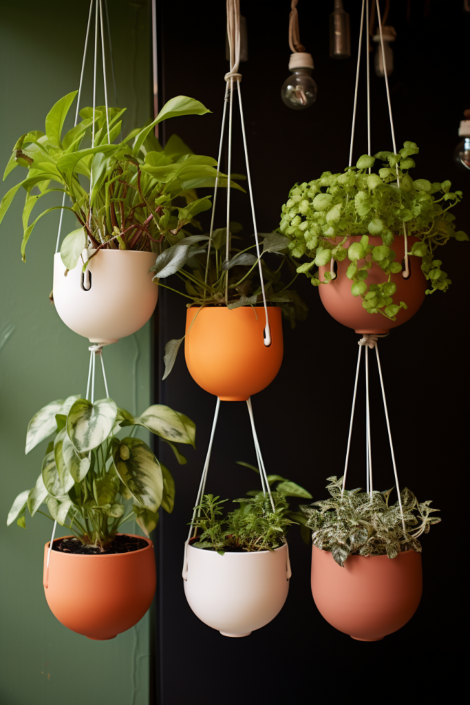 Five hanging planters with plants securely suspended using ceiling hooks.