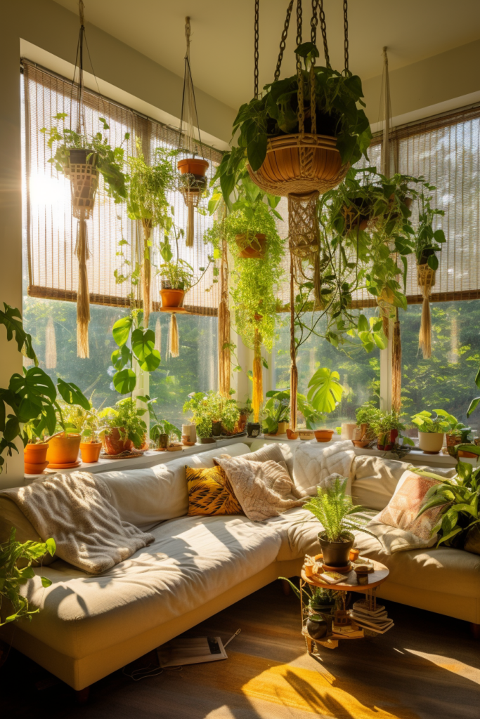 This living room features a secure plant installation with plants hanging from the ceiling using ceiling hooks.