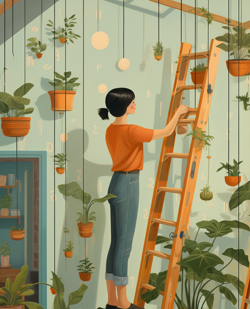 A woman is utilizing secure mounting methods to install potted plants in the room, using a ladder and ceiling hooks.