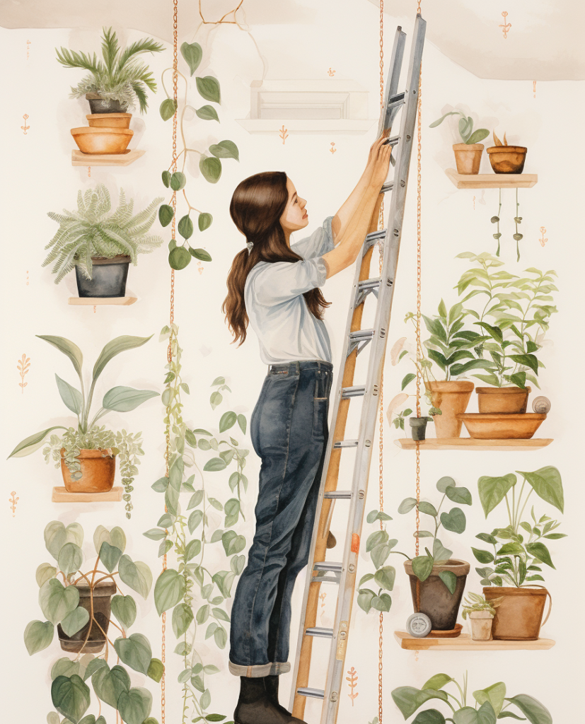 An illustration of a woman climbing a ladder full of potted plants using secure mounting methods.