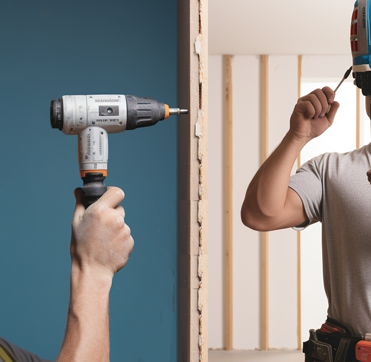 A man using a drill for secure plant installation using mounting methods such as ceiling hooks.