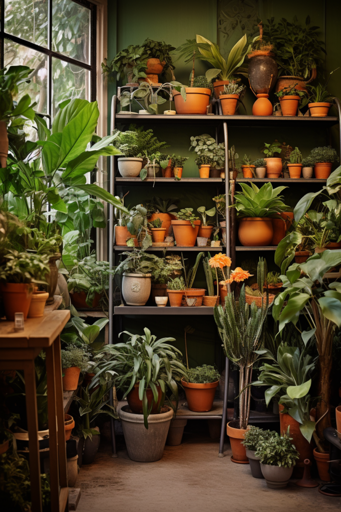 Creating a hanging garden with layered potted plants on shelves.