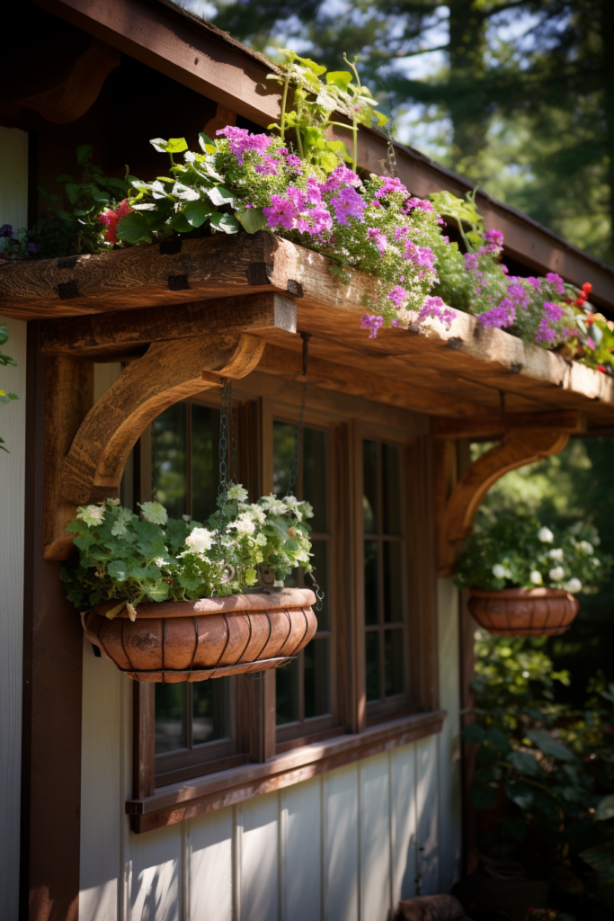 A wooden shelf with flower pots hanging from it, creating a delightful hanging garden.