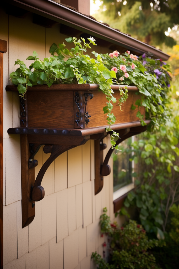 A rustic wooden window box adorned with a beautiful hanging garden of grouped plants, creating a charming layered display.