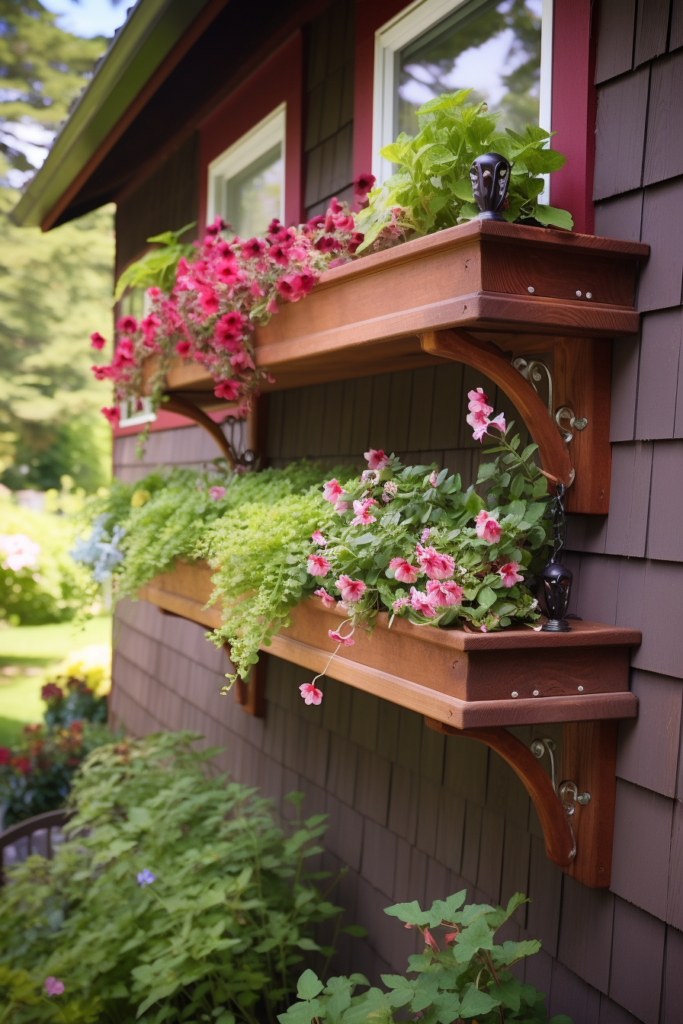 Creating a hanging garden with flower pots layered on a wooden shelf attached to the side of a house.