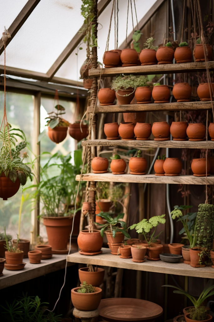 Creating a hanging garden with potted plants on a shelf in a greenhouse.