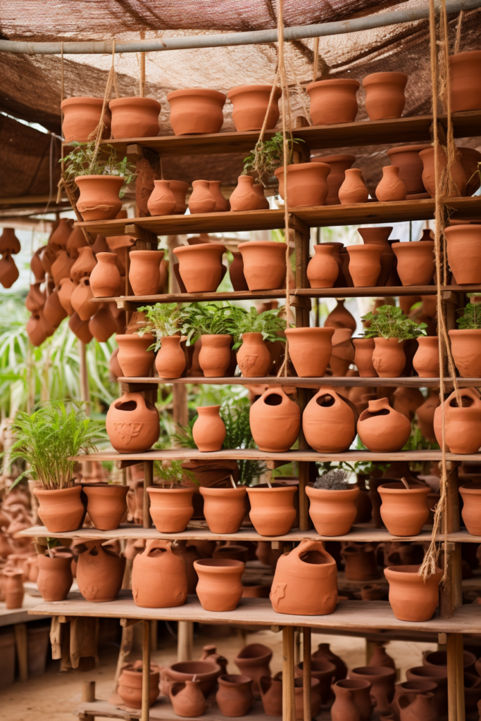 Layering many clay pots on a shelf to create a hanging garden.
