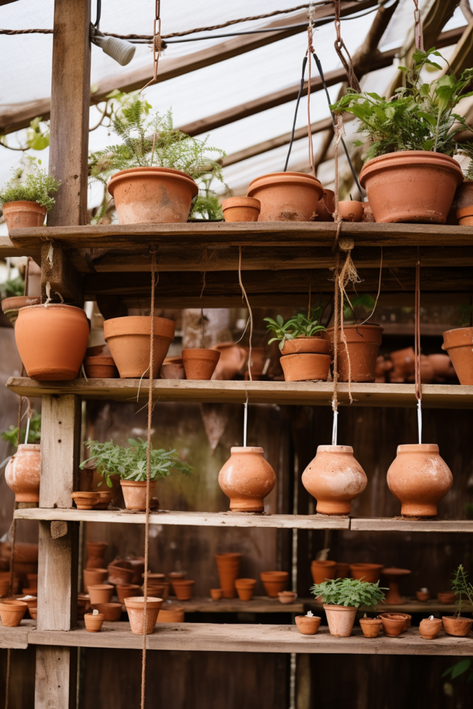 Creating a Hanging Garden using clay pots layered on shelves in a greenhouse.