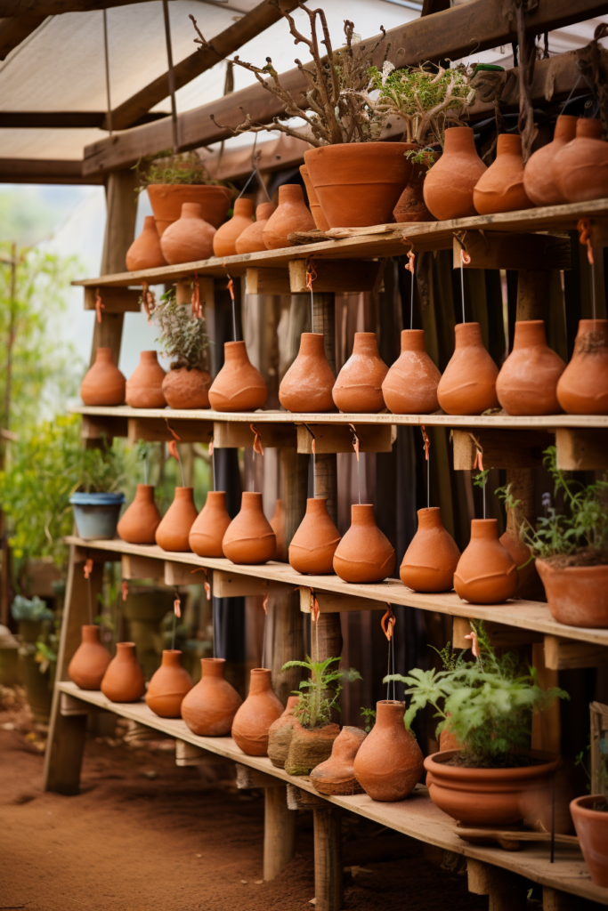 A wood shelf adorned with a multitude of clay pots, creating a layered hanging garden.