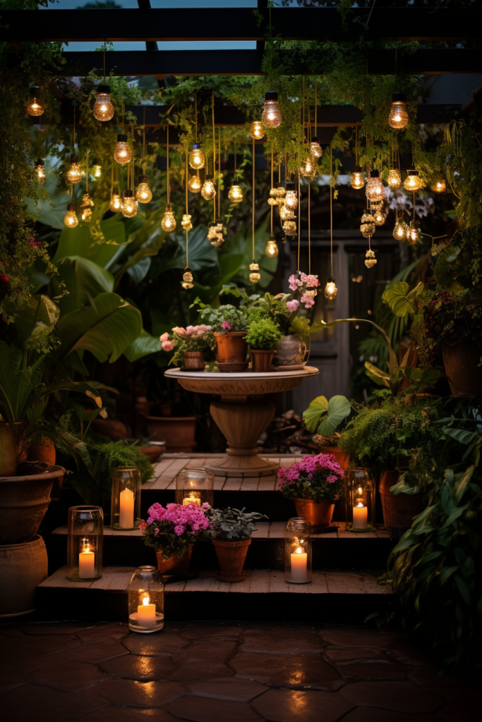 Creating a Hanging Garden with potted plants and candles, layering them together in a stunning display.