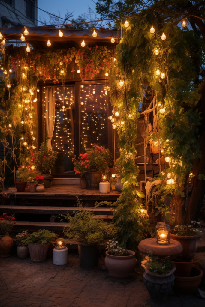 A hanging garden is created at night with string lights, layering a house with a warm glow.