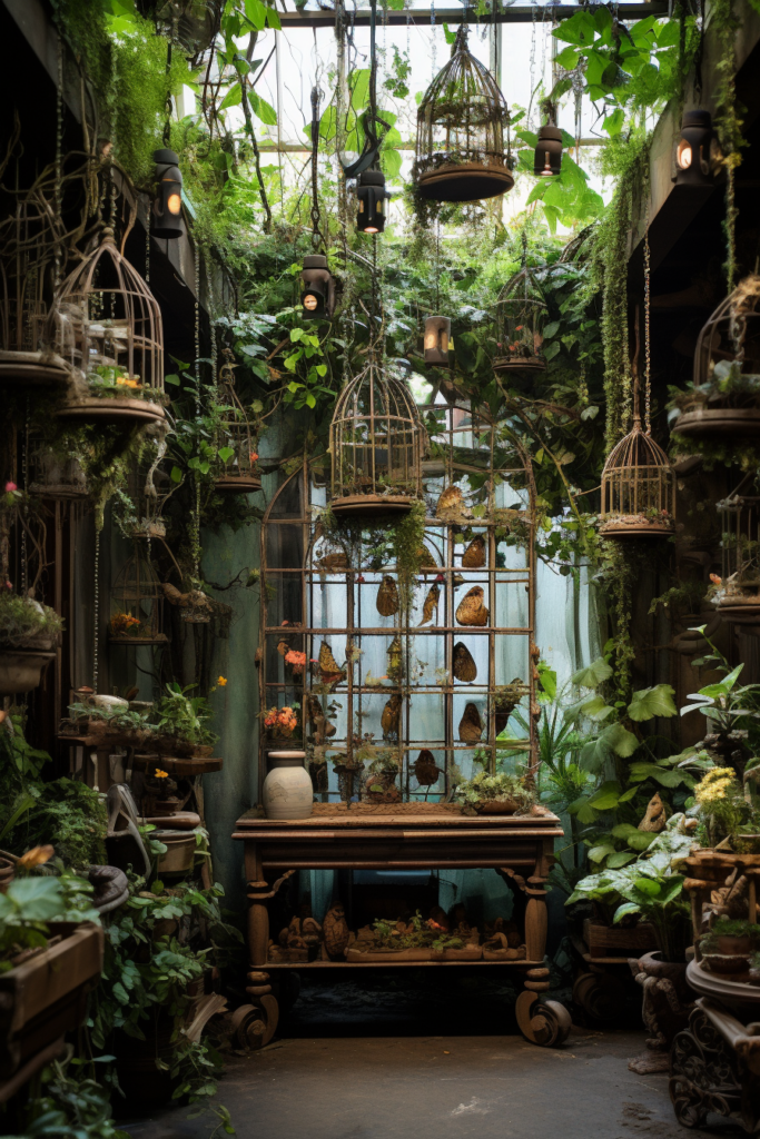 A room with a lush hanging garden, filled with potted plants and bird cages.