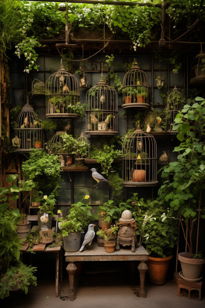 Creating a hanging garden with bird cages and potted plants.