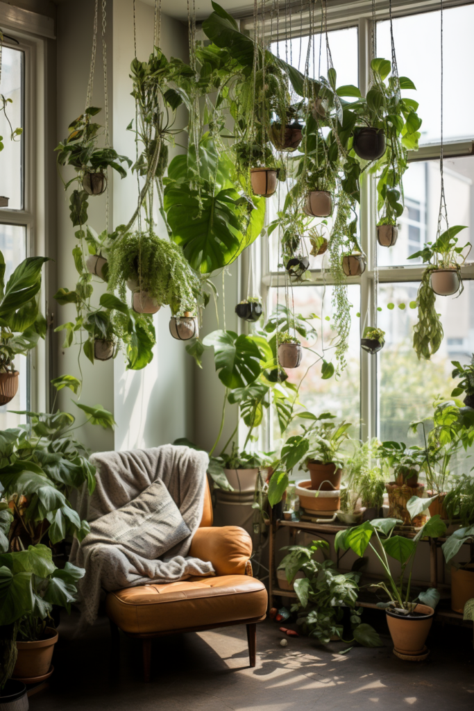 Creating a hanging garden in a living room with plants hanging from the ceiling.