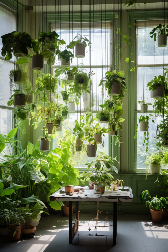 A room creating a hanging garden with potted plants layered on a table.