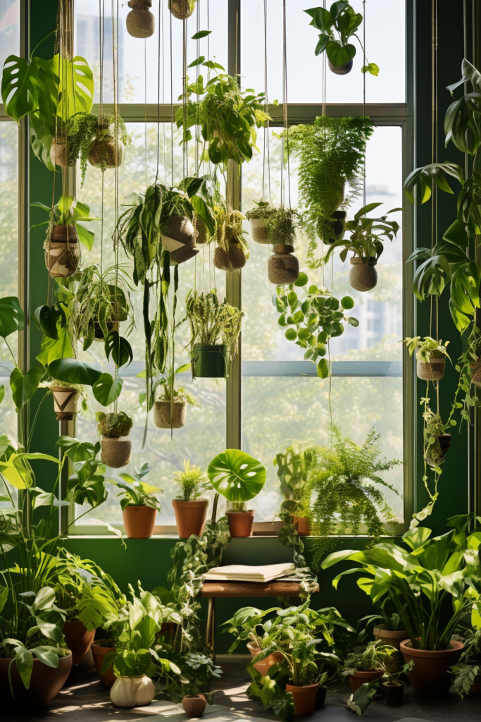 Creating a hanging garden with potted plants layered from a window.
