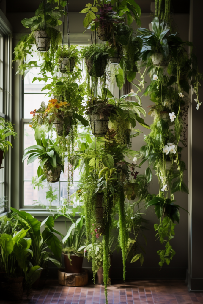Layering hanging plants in a room with a window.